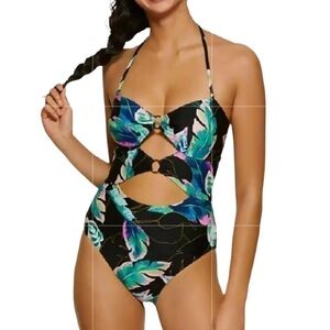 Hula Honey Twisted Palms Printed Cutout One Piece Swimsuit